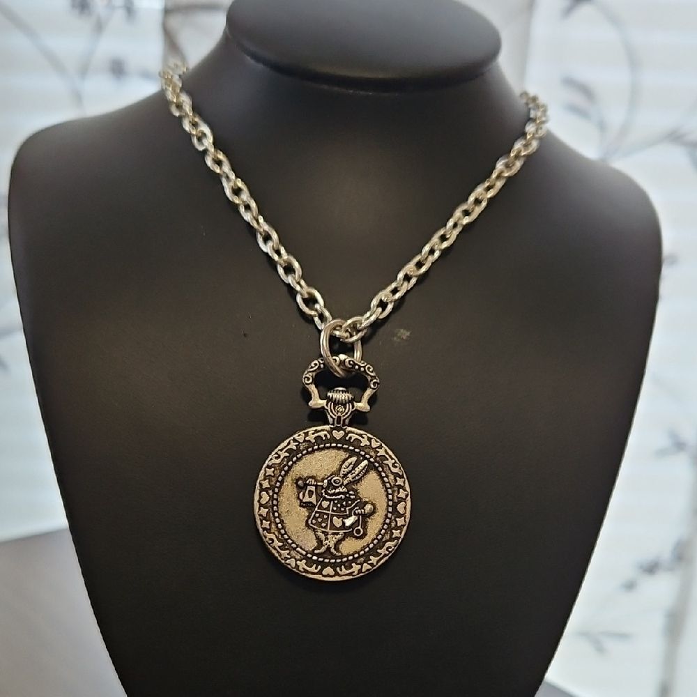 Alice in Wonderland White Rabbit Watch Medallion Necklace Silver Tone Statement
